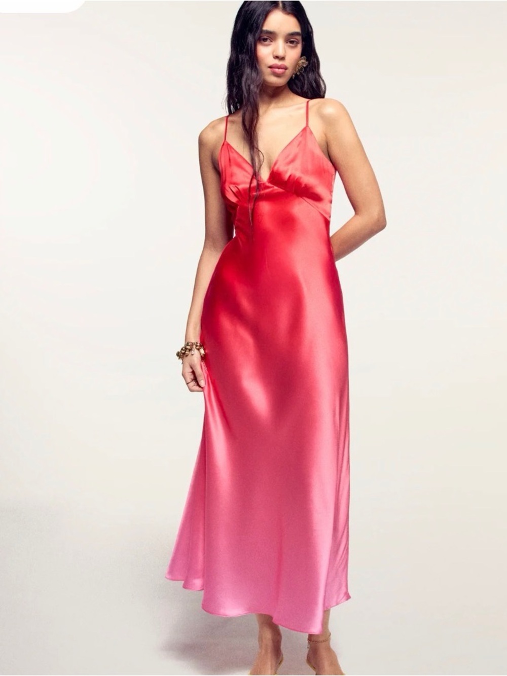 Red Satin Bias-Cut Maxi Slip Dress with Spaghetti Straps